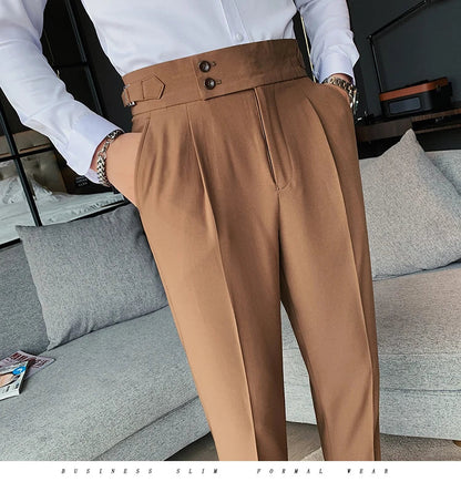 Men British Style Suits Pants New Male Solid High Waist Trousers High Quality Men Formal Slim Fit Business Casual Suit Pants