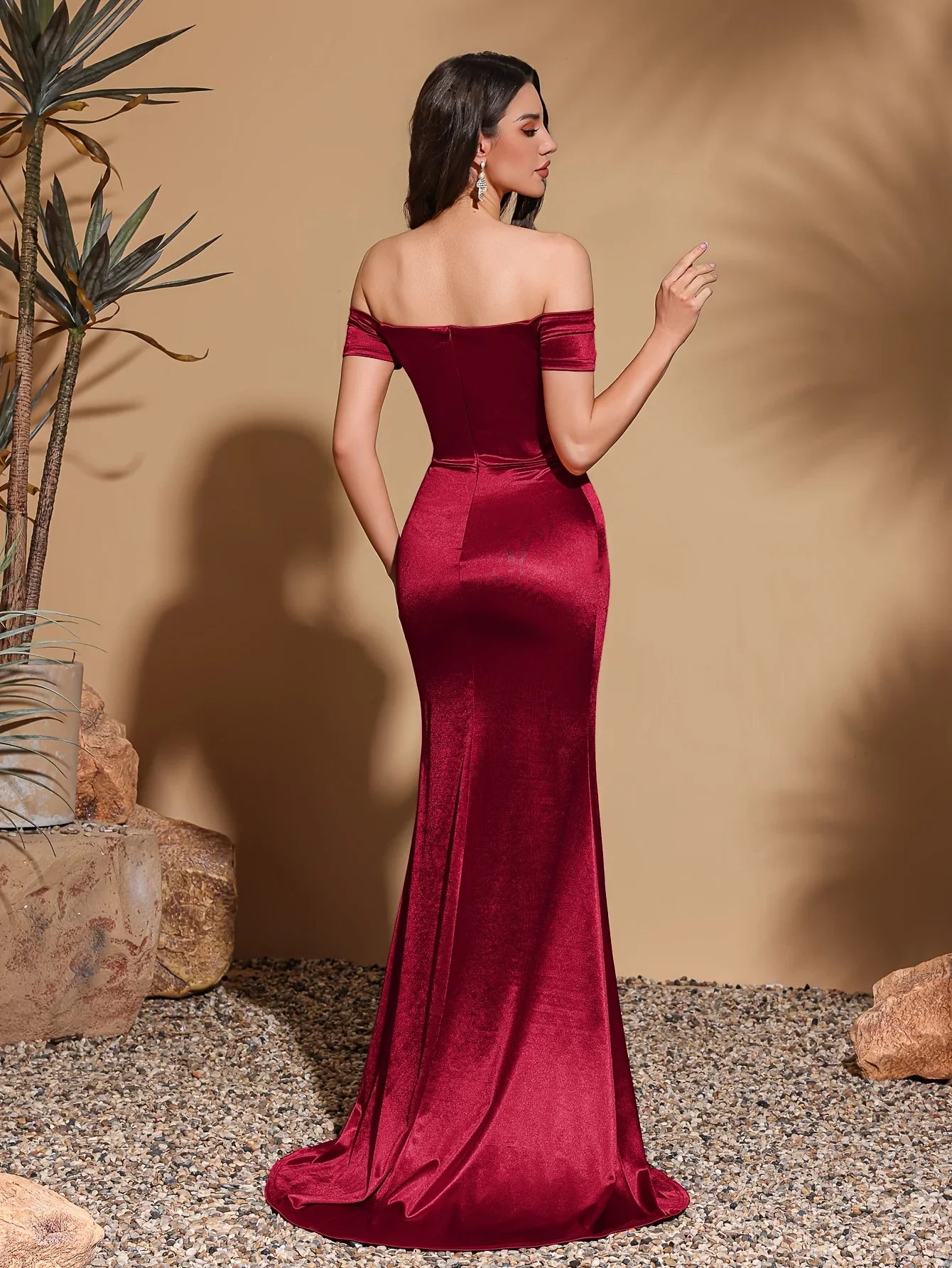Off-the-shoulder high slit, floor-length back, satin hip-hugging party dress