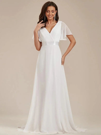 Empire Evening Dresses Cross V-Neck Tulle Short Sleeve Sashes Wedding Dress Sexy Backless Women's Formal Party Gowns
