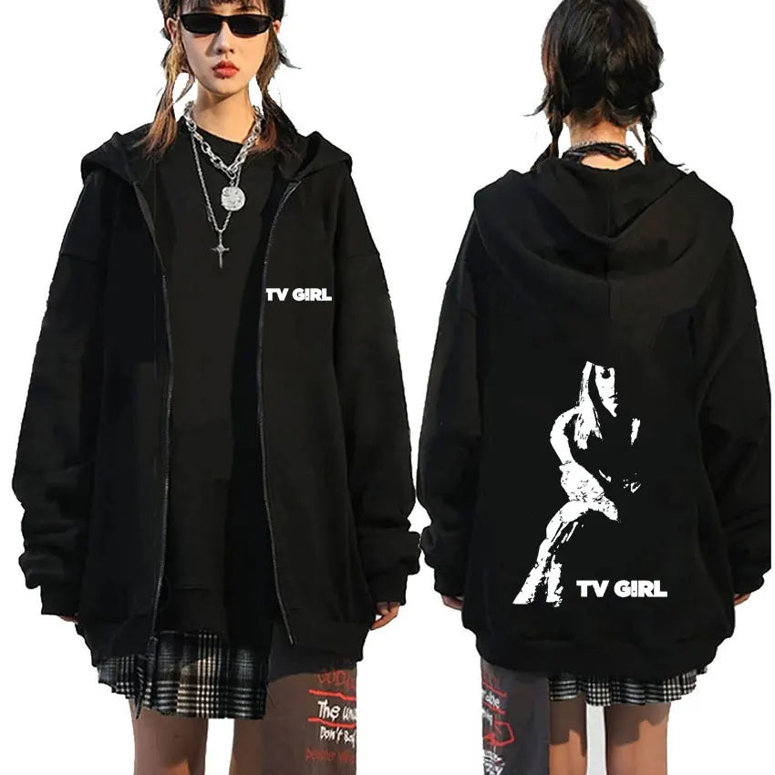 TV Girl Who Really Cares Graphic Print Zipper Hoodie Men Women Fashion Casual Oversized Zip Up Jacket Male Fleece Sweatshirts
