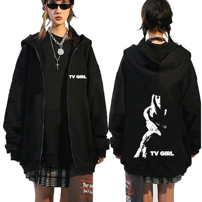 TV Girl Who Really Cares Graphic Print Zipper Hoodie Men Women Fashion Casual Oversized Zip Up Jacket Male Fleece Sweatshirts