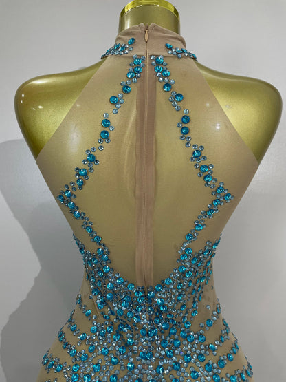 STOCK Sparkly Rhinestones Sexy Mesh See Through Dress Party Evening Prom Celebrate Birthday Dress Singer Dancer Show Stage Wear
