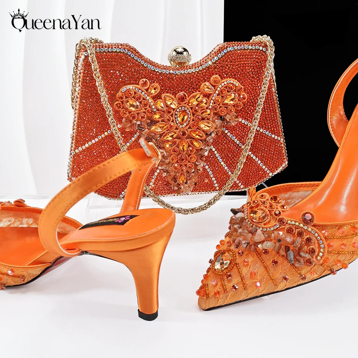 Purple Color Rhinestone Decoration Design Party Wedding Lady Pointed Toe High Heels and Bag Set