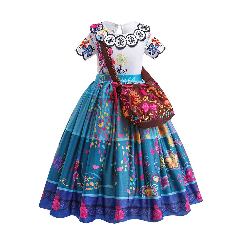 Fantasia Infantil de Princesa para Meninas Encanto Halloween Roupa Rodada Estampada Mirabel Desenho Animado Vestido Cosplay para Crianças 3-12 Anos