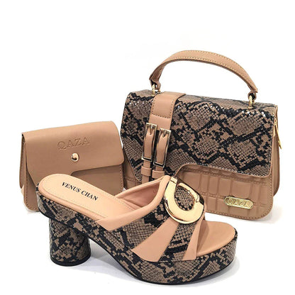 Retro Design!Three-Piece Set Peach Color Patent Leather Bag With Ribbon For Women, Classic High-Heeled Shoes