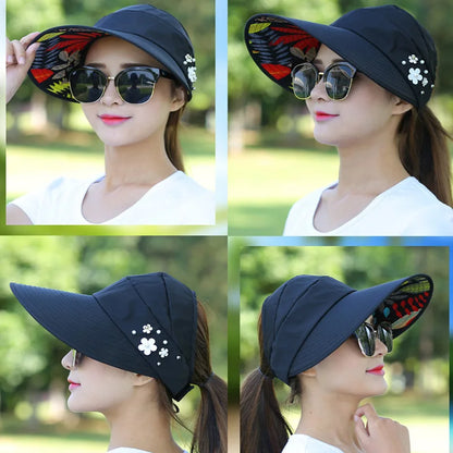 Summer Women Wide Brim Empty Top Hats Flower Pearls Floppy Foldable Sun Protection Hats Outdoor Beach Tour Visor Baseball Cap