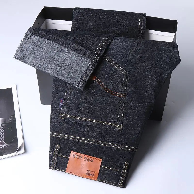 Autumn Spring Business Jeans Men Casual Comfortable Straight Denim Pant Stretch Fashion Classic Soft Premium Blue Black Trousers