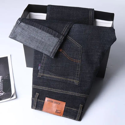 Autumn Spring Business Jeans Men Casual Comfortable Straight Denim Pant Stretch Fashion Classic Soft Premium Blue Black Trousers