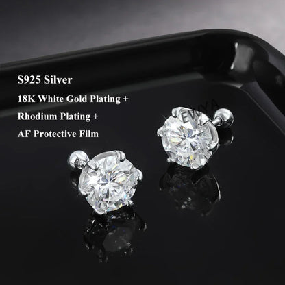 925 Sterling Silver 0.2-2ct D VVS1 6 Prong Diamond with GRA Moissanite Screw Stud Earrings For Women Wedding Fine Jewelry