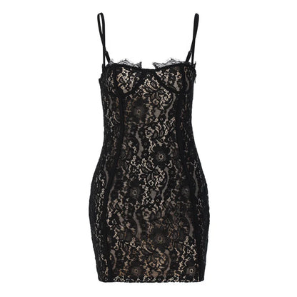 Sexy See Through Lace Spaghetti Strap Mini Dresses Women Package Hip Bodycon Party Night Club Dress Female Streetwear Vestidos