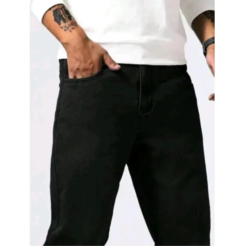 New Spring Autumn Straight Jeans Micro Elastic Versatile Pure Black Casual Denim Pants Men's Solid Color Baggy Regular Trousers