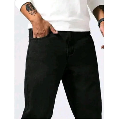 New Spring Autumn Straight Jeans Micro Elastic Versatile Pure Black Casual Denim Pants Men's Solid Color Baggy Regular Trousers