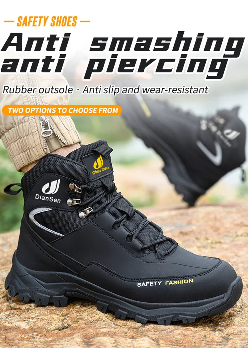Men Work Boots Puncture-Proof Waterproof Work Shoes Steel Toe Safety Boots Industrial Indestructible Boots Side Leather Shoes
