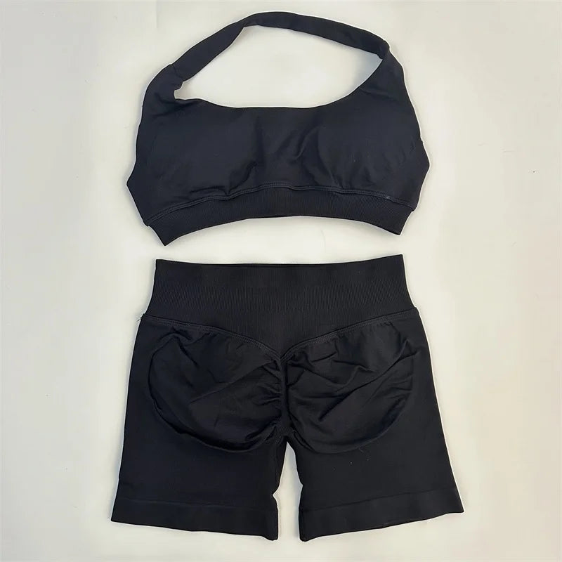 Yoga Shorts Set Seamless Yoga Set Workout Scrunch Shorts Sets Halter Sports Bra Scrunch Shorts Fitness Clothes Gym Suit