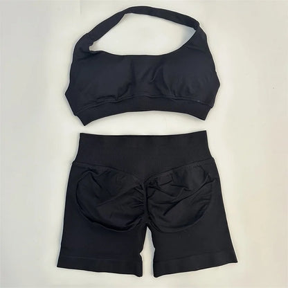 Yoga Shorts Set Seamless Yoga Set Workout Scrunch Shorts Sets Halter Sports Bra Scrunch Shorts Fitness Clothes Gym Suit