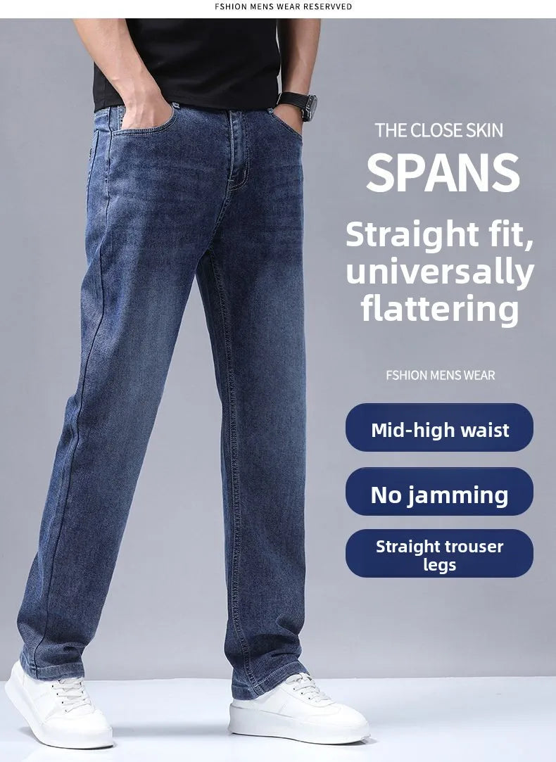 New Autumn Winter Mens Business Casual Jeans Straight Leg Fashion Denim Trousers Male Brand Clothing Slim Fit  Autumn and Winter