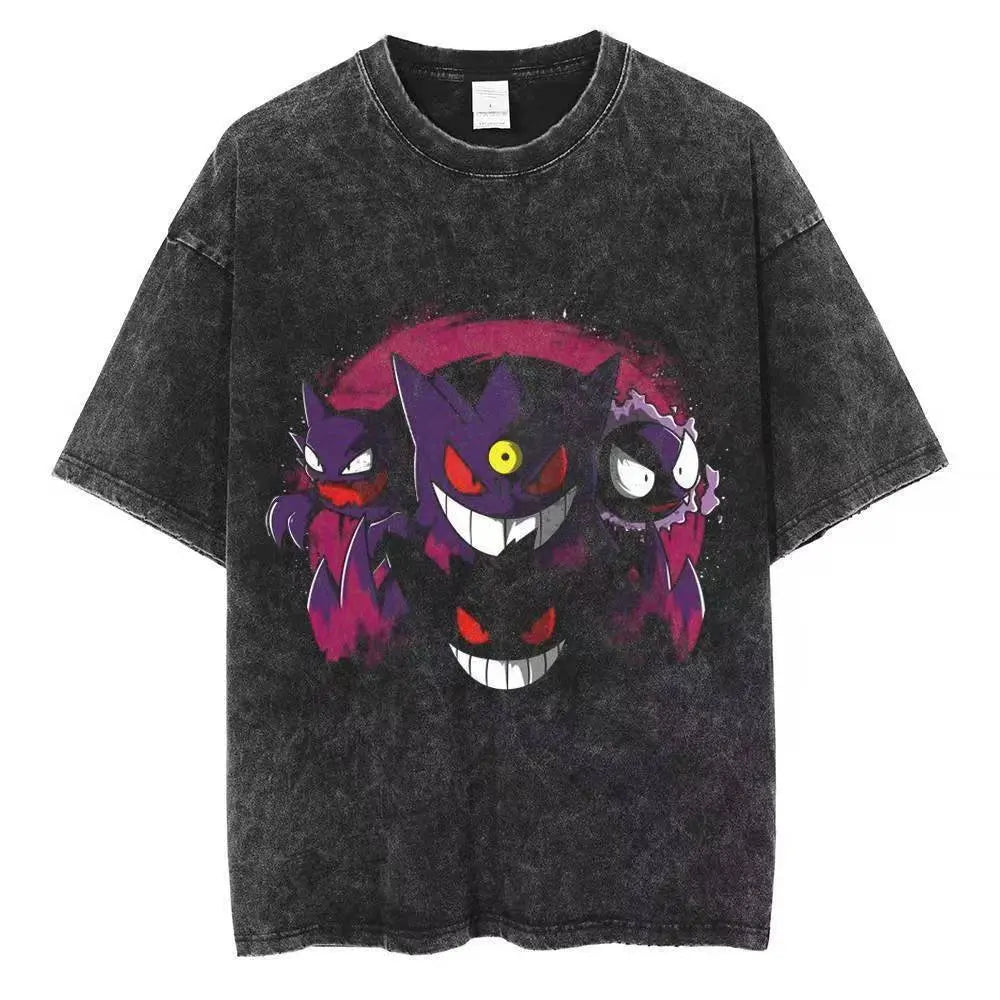 2026 Anime Washed Vintage Summer Gengar Short Sleeve Tee Graphic T-Shirt Man Women Cosplay Casual Tops Y2k Streetwear