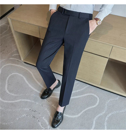 Men's Wool Blend Dress Pants, Elastic Waist Business Trousers, Tapered Slim Fit, Charcoal Gray Black Navy
