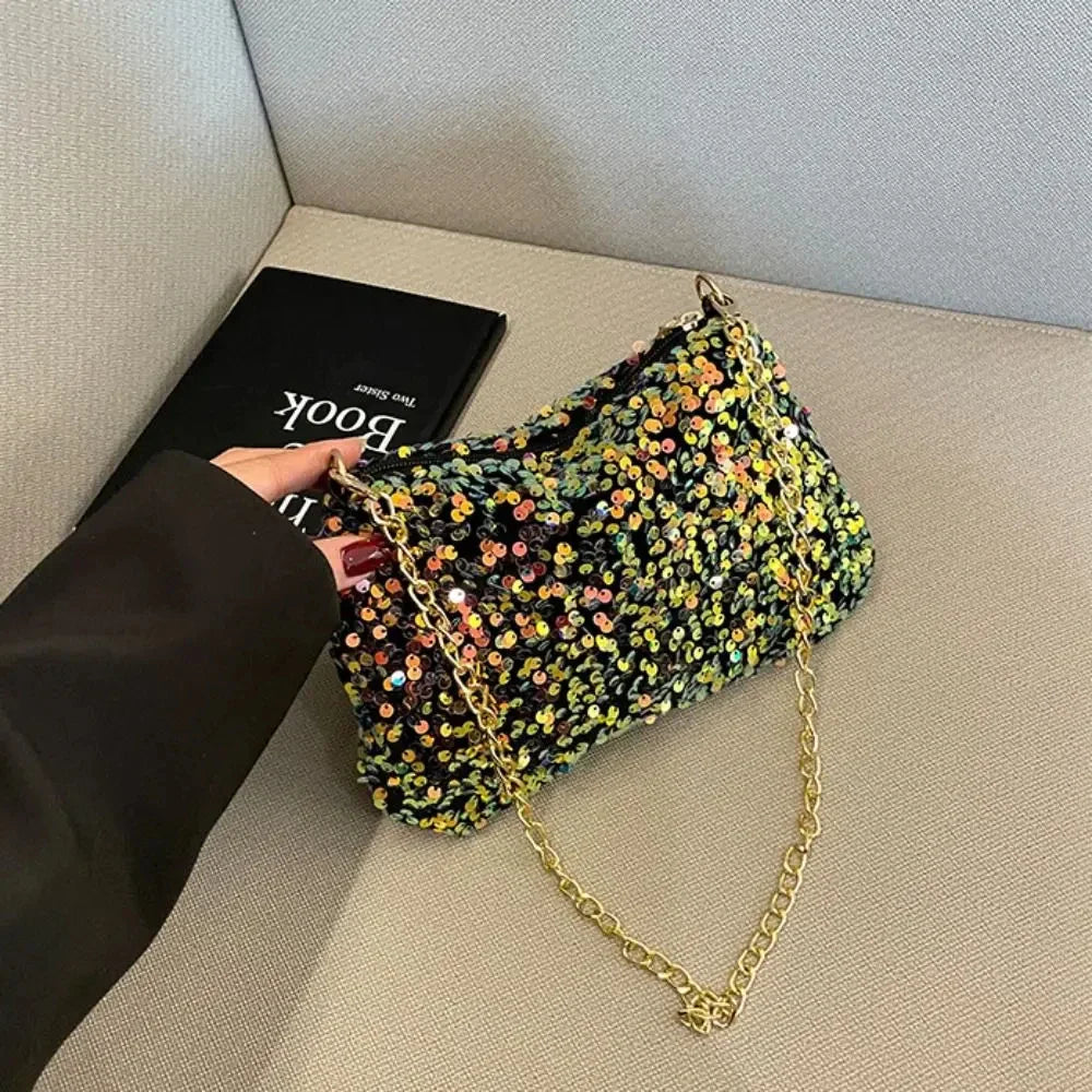 Solid Color Sequins Crossbody Bag Simple Chain INS Small Square Bag Handbag Underarm Bag Evening Clutch Bag Female
