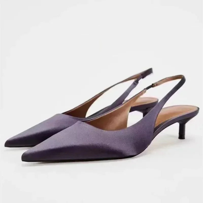 Elegant Purple Satin Low Heel Women Pumps Sexy Pointed Toe High Heels for Women Hollow Back Strap Mules Fashion Party Dress Shoe