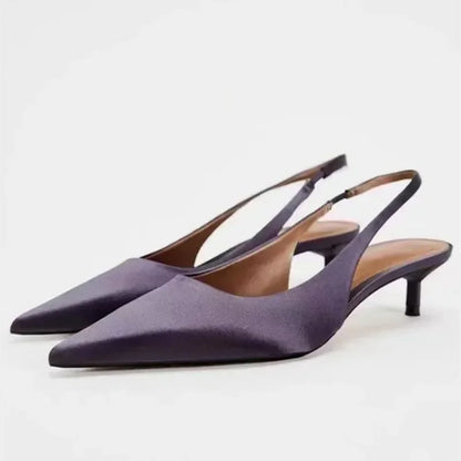 Elegant Purple Satin Low Heel Women Pumps Sexy Pointed Toe High Heels for Women Hollow Back Strap Mules Fashion Party Dress Shoe