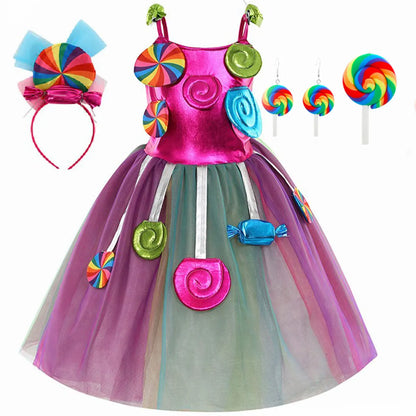 New Sweet Lollipop Candy Girl Dress Carnival Party Little Kids Birthday Costume Fancy Rainbow Tutu Children Wedding Clothes