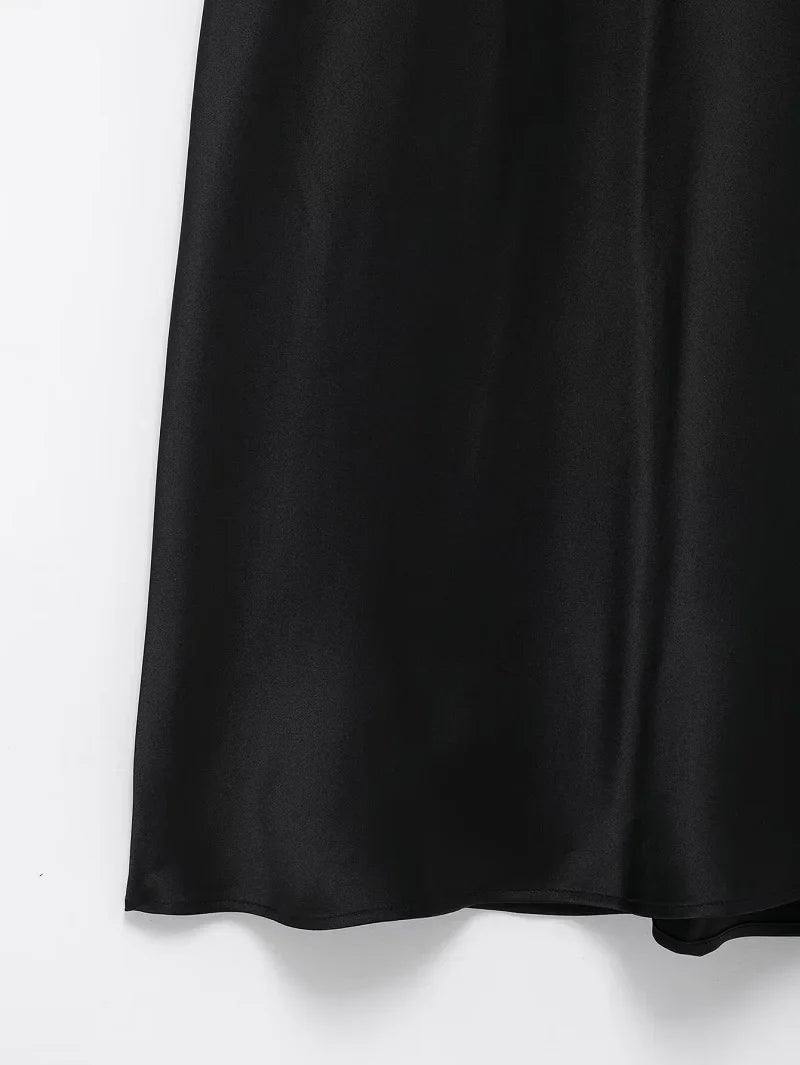Satin Long Dress Woman Black Draped Midi Dresses for Women Elegant Party Women Dresses Short Sleeve Chic Female Dress
