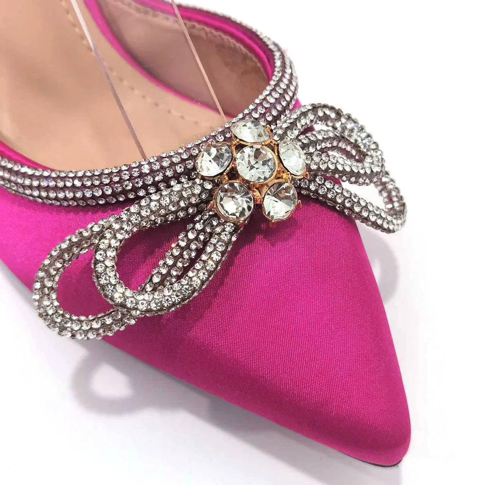 Ladies Pointed-Toe Party High Heels Magenta Colour Bow Rhinestone Stereo Bag Evening  African Wedding Shoe And Bag Set