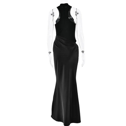 Satin Sexy Hollow Out Women Maxi Dress Black Sleeveless High Waist Dress Female Autumn Skinny Elegant Party Clubwear
