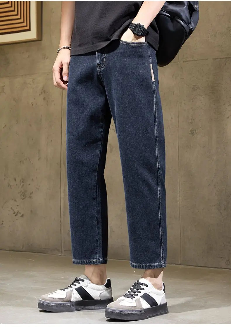 Men's Baggy Straight Leg Jeans Casual Stretch Denim 9-Length Comfortable Loose Trousers Spring Autumn Versatile Wide-Leg Pants