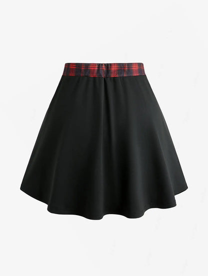 Plus Size Plaid Patchwork Grommets PU Leather Stripes Asymmetrical Skirt Female Casual Large Size Women Y2K Skirts