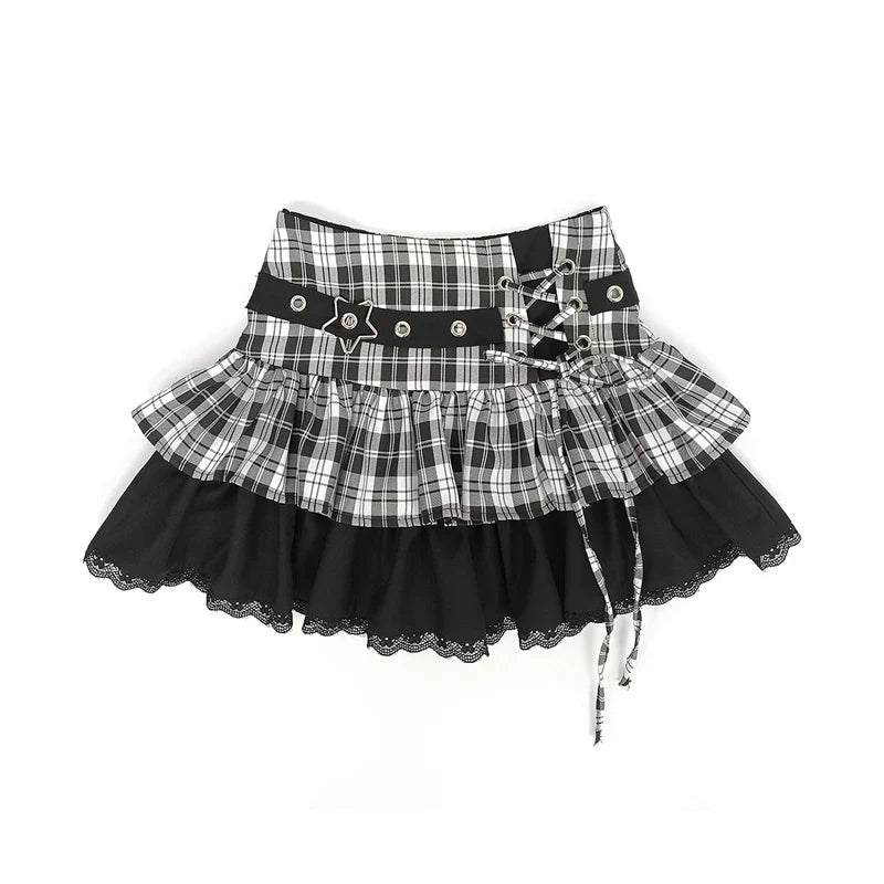 Elegant Plaid Lace-up Sexy Lace Y2k Sweet Subculture Cake Skirt Women Summer New Street A-line High Waist Versatile Punk Skirts