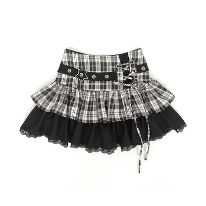 Elegant Plaid Lace-up Sexy Lace Y2k Sweet Subculture Cake Skirt Women Summer New Street A-line High Waist Versatile Punk Skirts