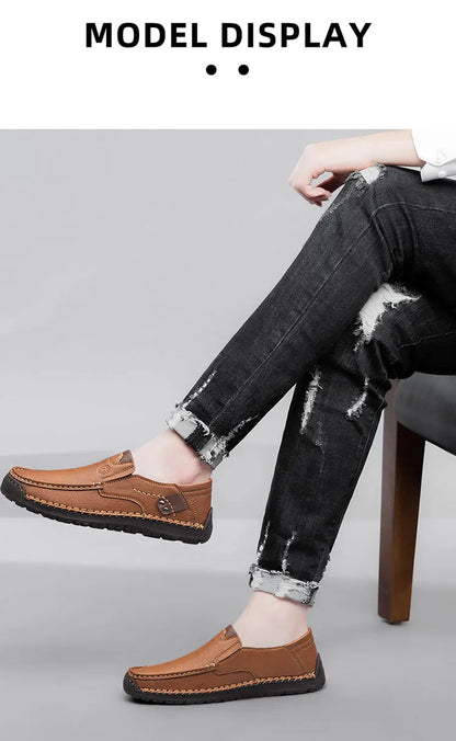 Men's Handmade Thick Rubber Bottom Breathable Casual Leather Shoes Classic Sewn Loafers Comfortable Leisure Footwear