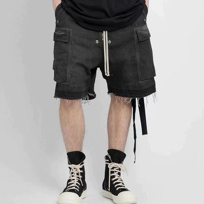 Gothic street jeans with multiple pockets men's shorts wide-legged loose nine-quarter pants knee-length pants loose casual pants