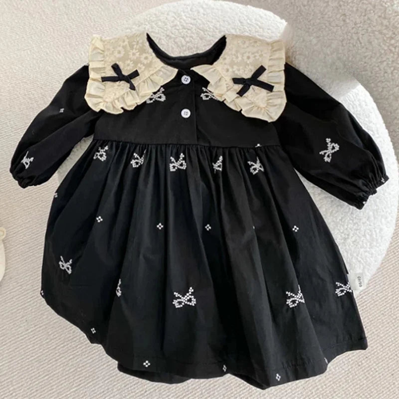Outono 0-6 anos Vestido de Princesa para Meninas Roupas de Bebê Menina Gola Borboleta Roupas de Bebê Menina Peça Única Vestido Infantil Bordado