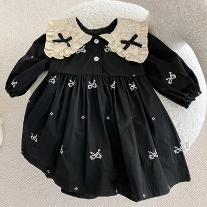 Outono 0-6 anos Vestido de Princesa para Meninas Roupas de Bebê Menina Gola Borboleta Roupas de Bebê Menina Peça Única Vestido Infantil Bordado