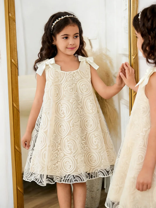 Girls' summer romantic and elegant butterfly knot sleeveless dress with sweet temperament, rose mesh princess dress
