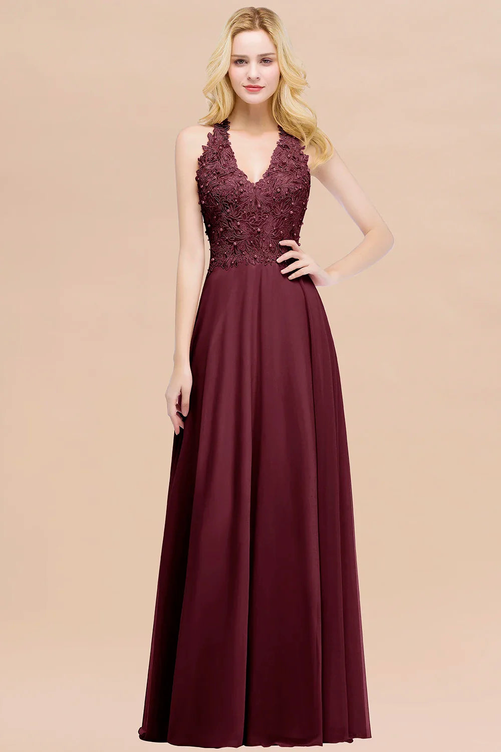 A-line V-neckline Chiffon Lace Pearls Beadings Floor-length Prom Dress Sleeveless Evening Elegant Party Dresses For Women 2024