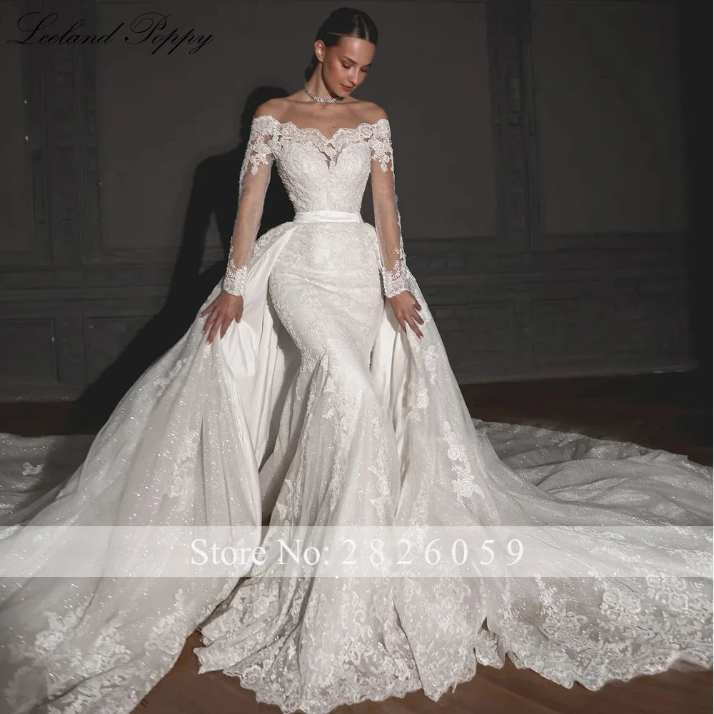 Customized Boat Neck Mermaid Lace Wedding Dresses Beaded Appliques Long Sleeves Bridal Gowns with Detachable Train