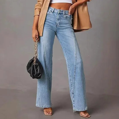Calça Jeans Feminina Wide Leg Solta com Design de Costura