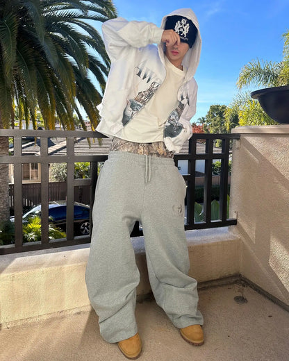 Y2K Retro Sweatpants Double Waisted Embroidered Camouflage Pattern Wide Leg Pants Men Trend Casual Streetwear Unisex Baggy Pants