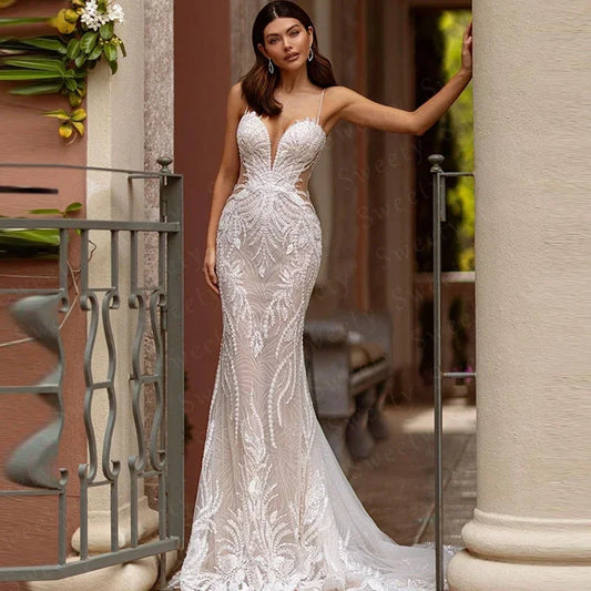 Luxurious Mermaid Wedding Dress Embroidered Lace With Bead Ballgown V-Neck Customized Strap Sleeveless Backless Vestido De Novia