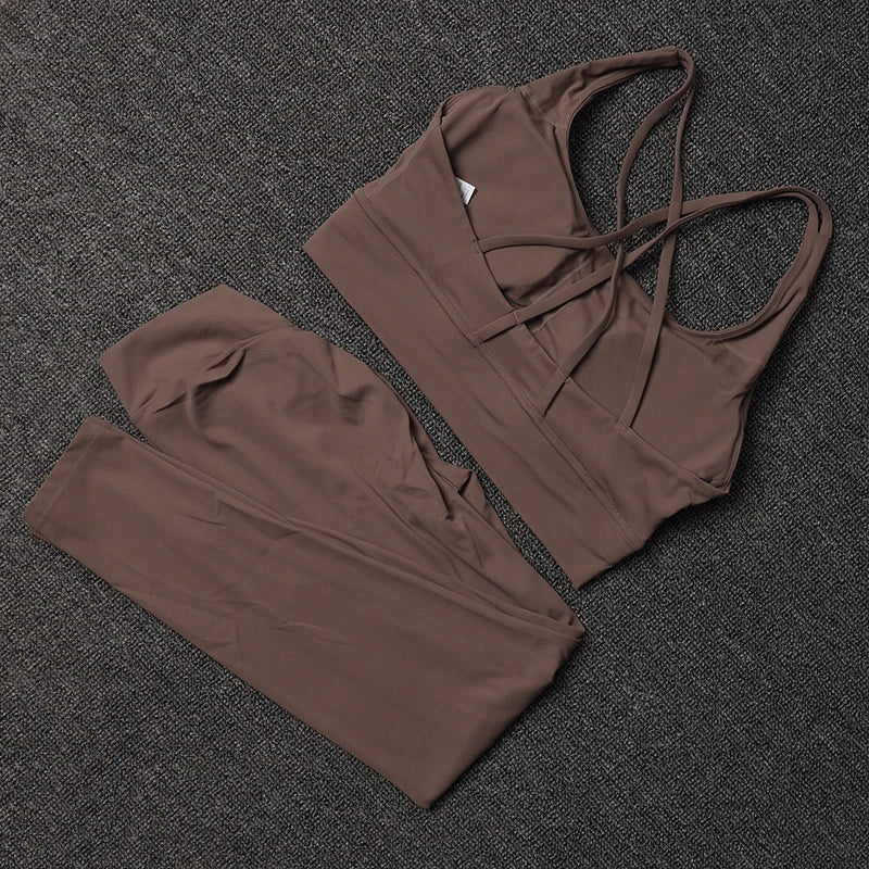 TRY TO BN Women's Tracksuit Sports Bra Fitness Yoga Set V Back Leggings High Waist Sportswear Workout Sets Cycling Gym Clothing