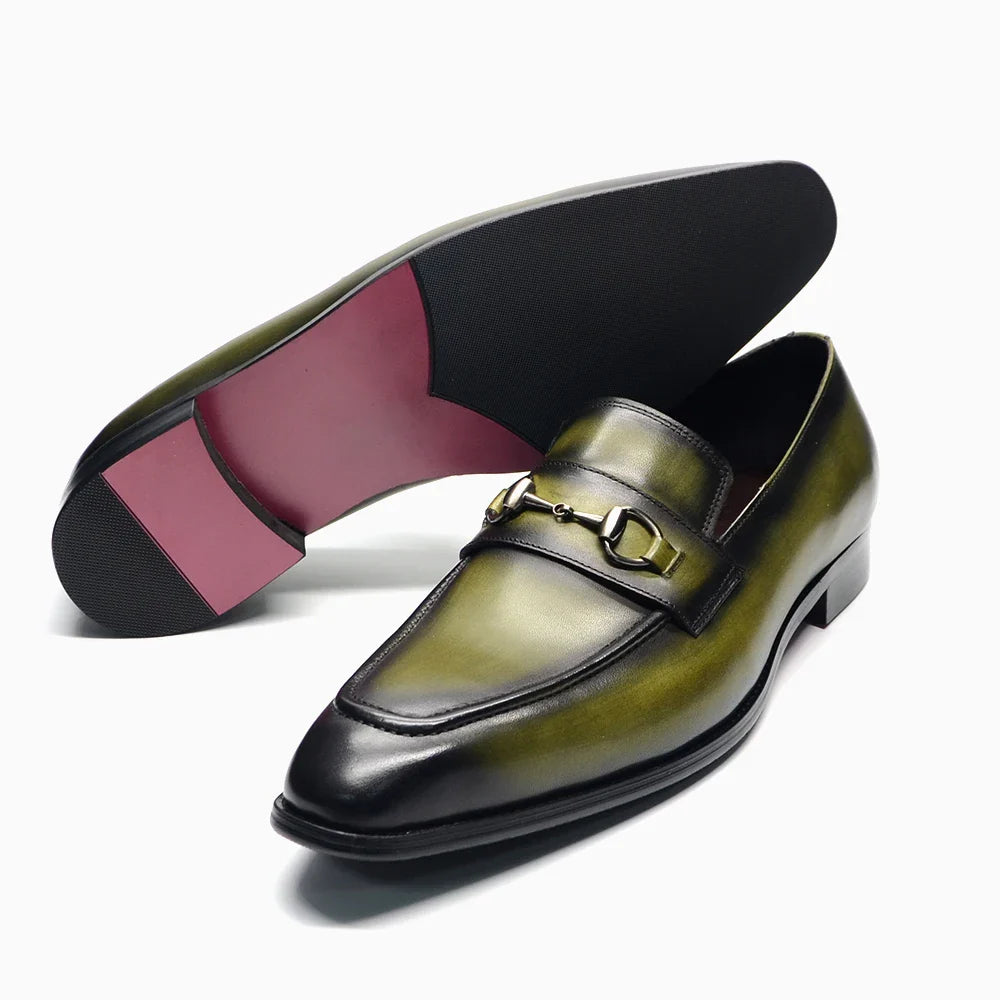 European Classic Mens Wedding Dress Shoes Genuine Leather Horsebit Loafer Shoes Green Casual Business Party Formal Shoes for Men