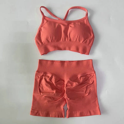 No Logo Women 2 Pieces Yoga Set Cross Straps Bra Beautiful Back Tops High Waist Sport Short Scrunch Bum Workout Short Gym Suit