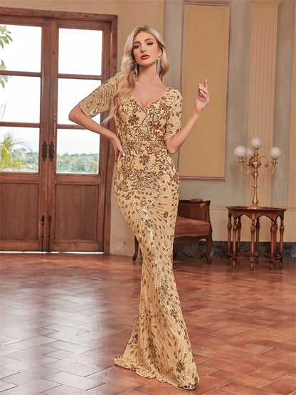 Vestido de festa elegante com lantejoulas e decote em V para mulheres, mangas curtas, sereia, formal, luxuoso, para baile de formatura