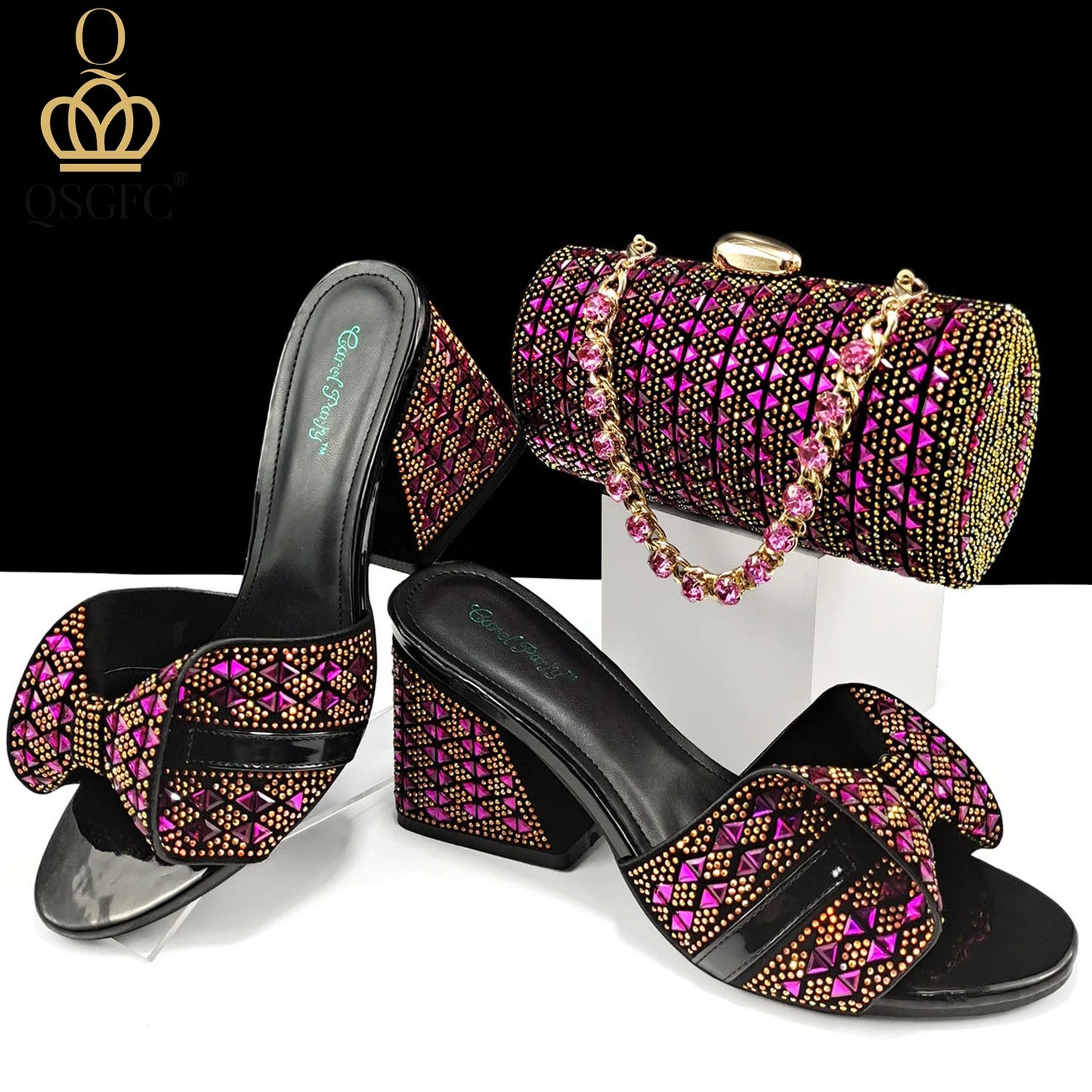 Italian Fashion Banquet Shoes and Bags African Women's Hand Bags with Rhinestone Decoration and Women's High Heels