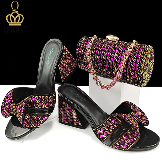 Italian Fashion Banquet Shoes and Bags African Women's Hand Bags with Rhinestone Decoration and Women's High Heels
