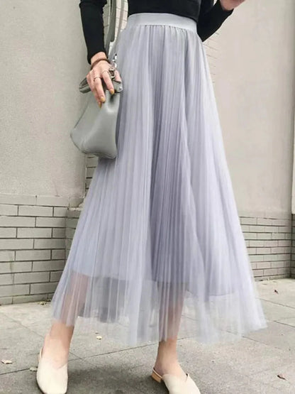 Elegant Women Tulle Skirt  Korean Fashion Mesh White A Line Ladies Pleated Skirt Summer Chic High Waist Black Party Faldas